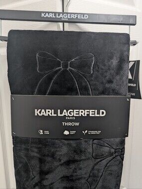 Karl Lagerfeld Black Plush Embossed Bow Accent Throw